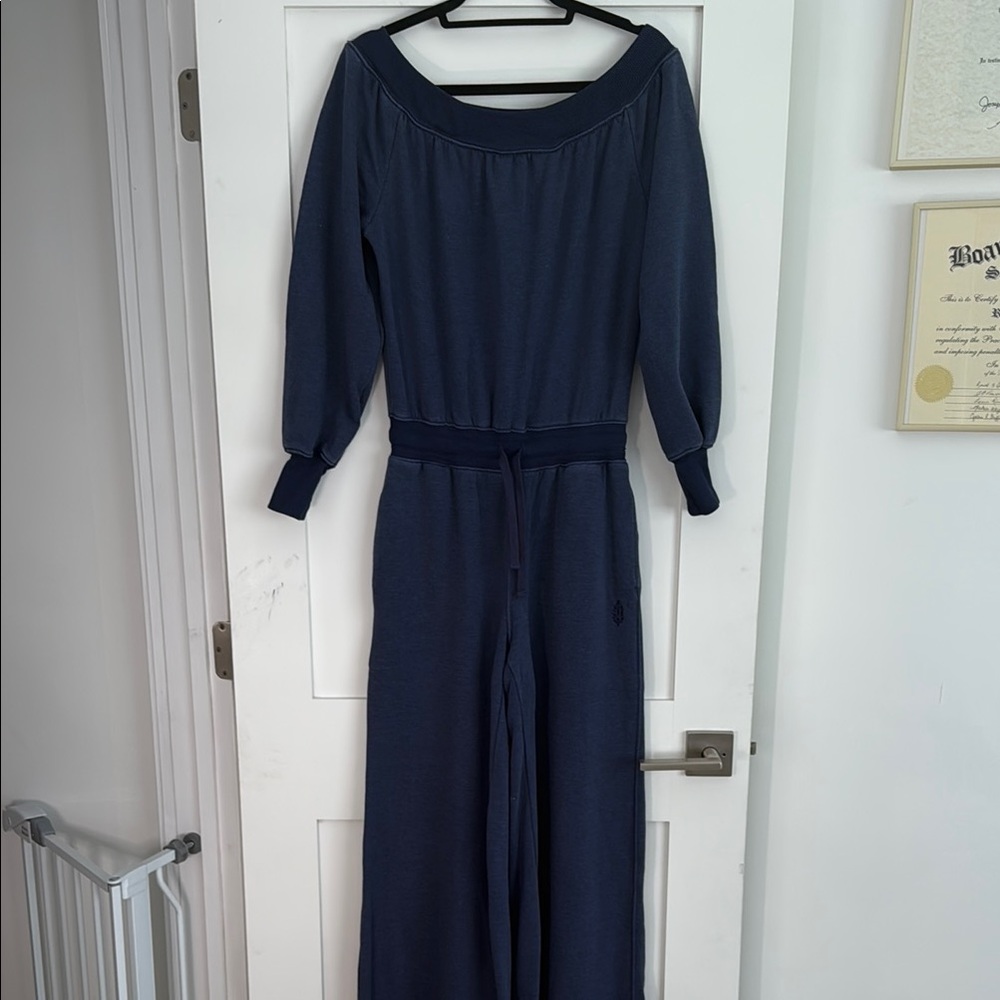 Free People Blue  sweatshirt Jumpsuit off the shoulder and wide leg